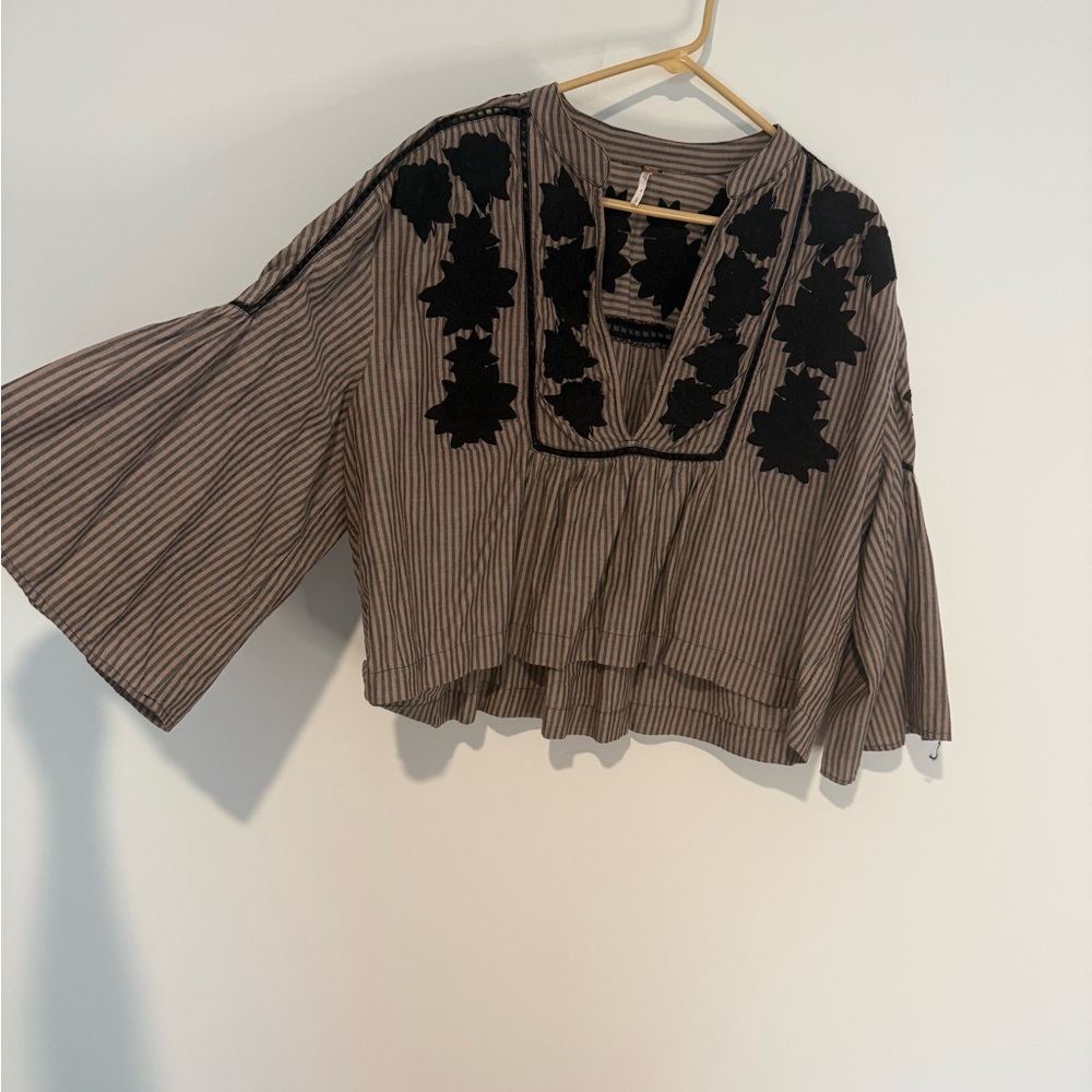 Free People Black and Light Pink Striped Blouse